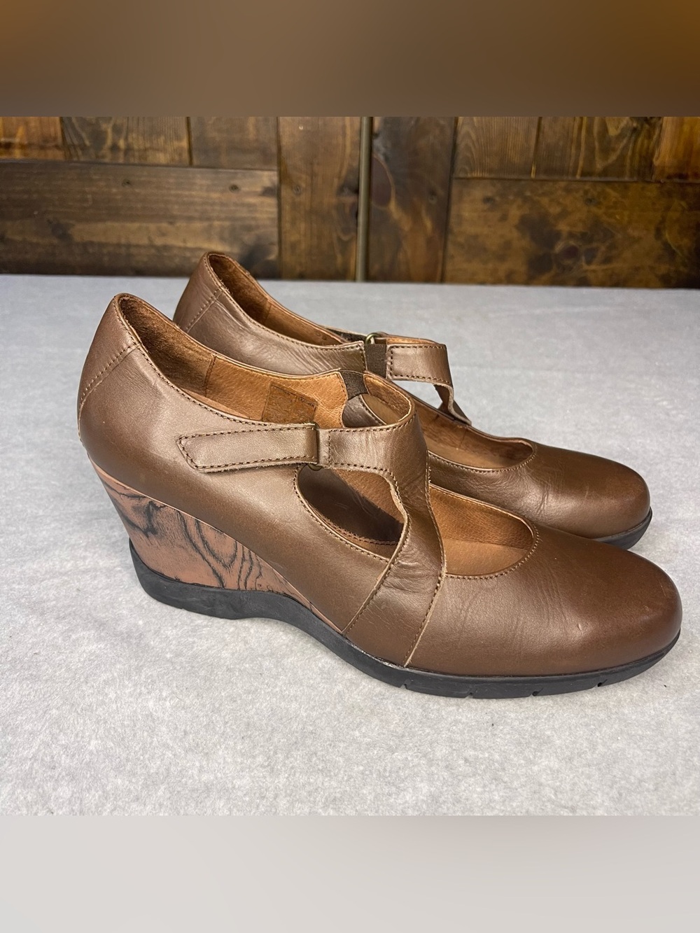 Sanita EU39 Womens 7.5-8 Matilda Mary Jane Brown Leather Dress Wedge Faux Wood